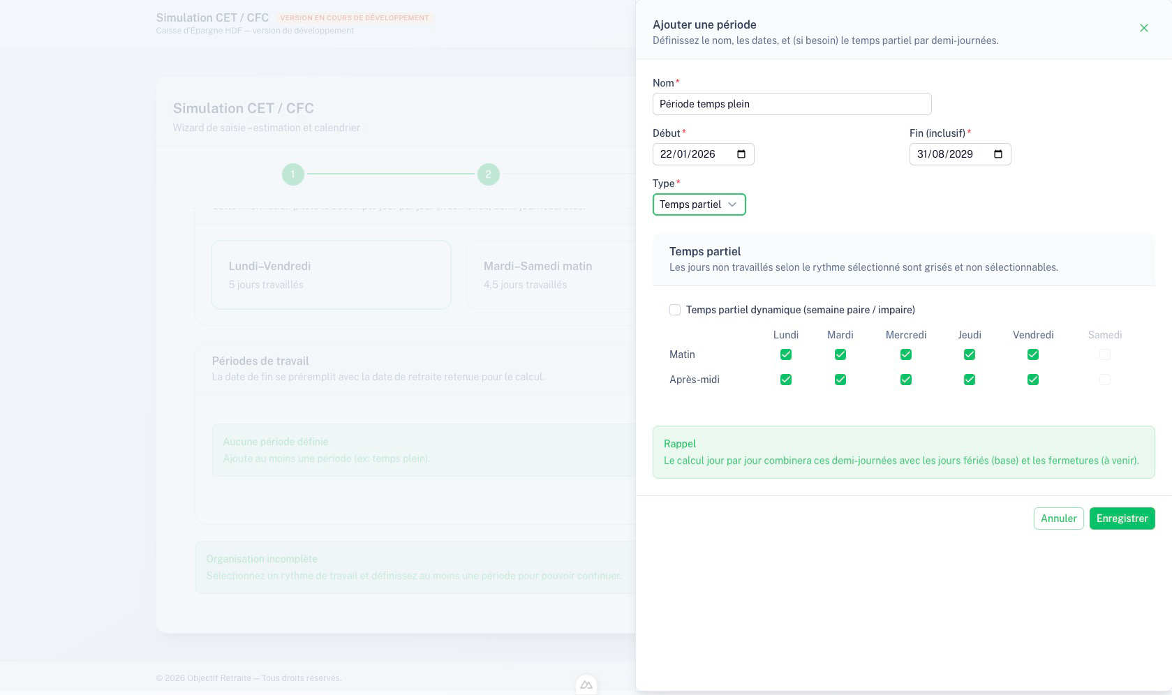 Création d'une période temps partiel (simple)