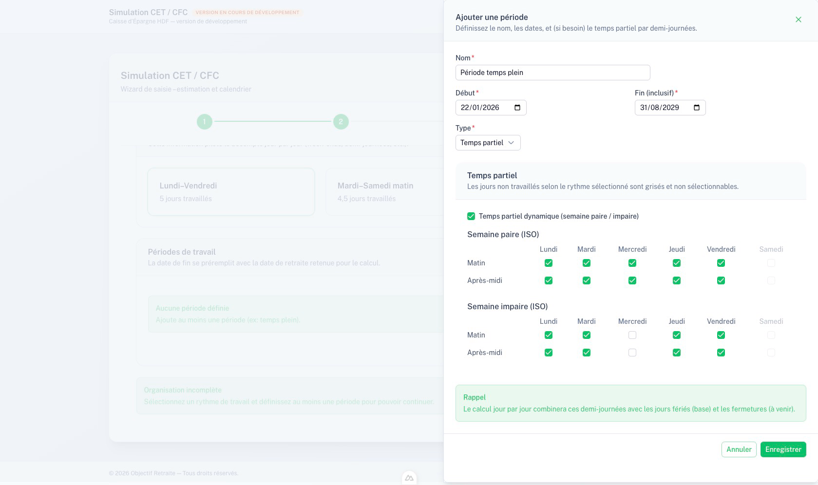 Création d'une période temps partiel (dynamique)