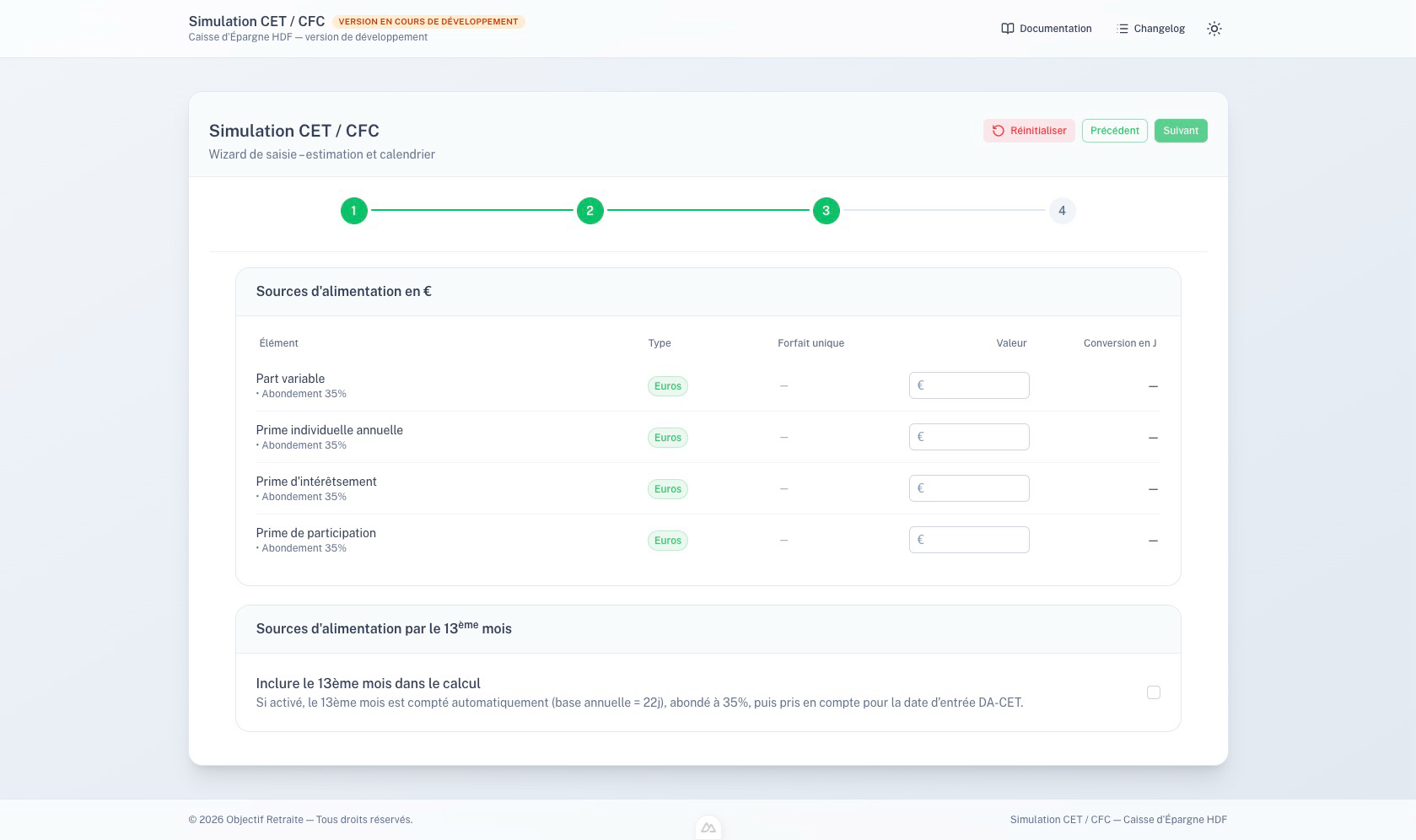 Saisie des sources d'alimentation en €