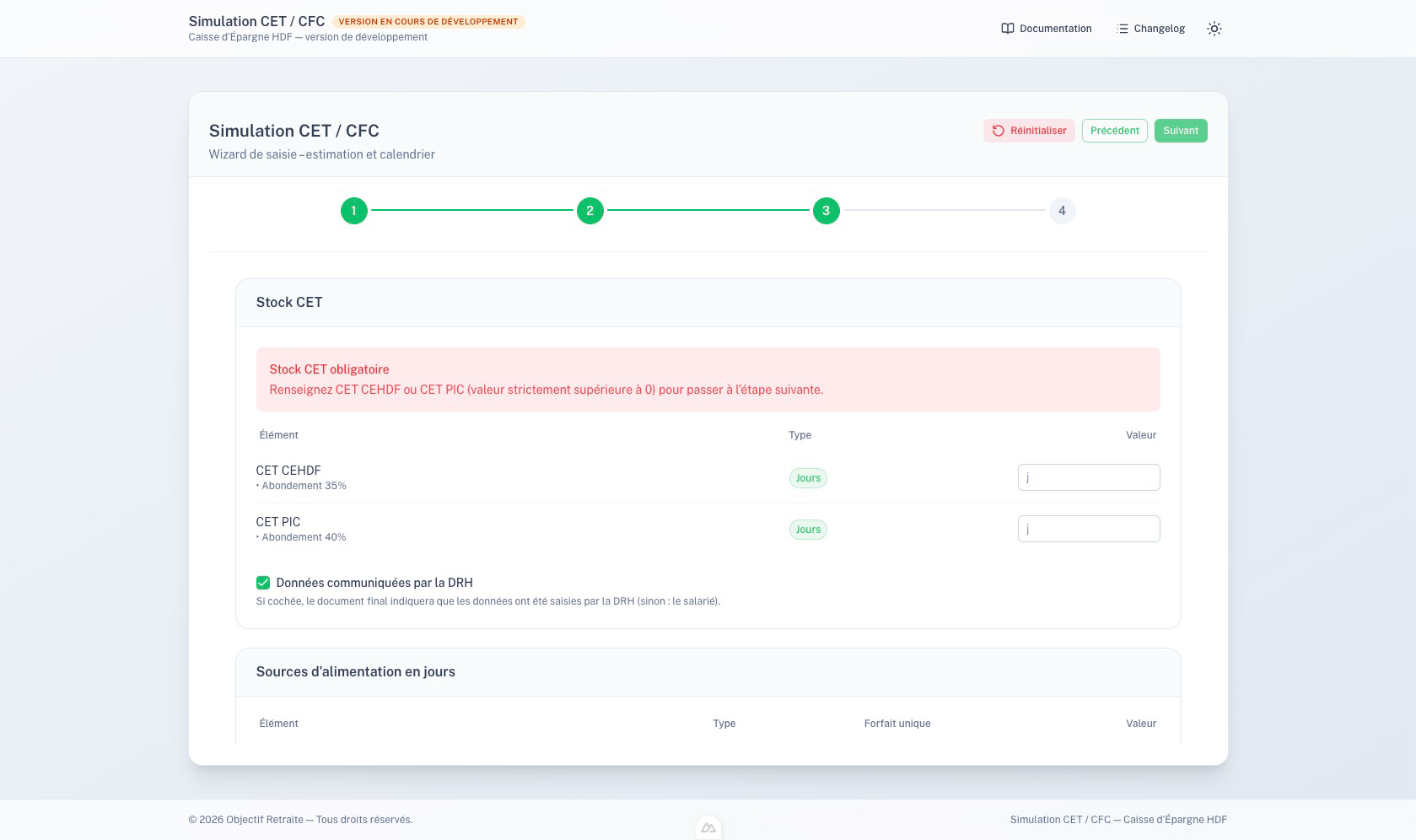 Saisie des différentes sources d'alimentation