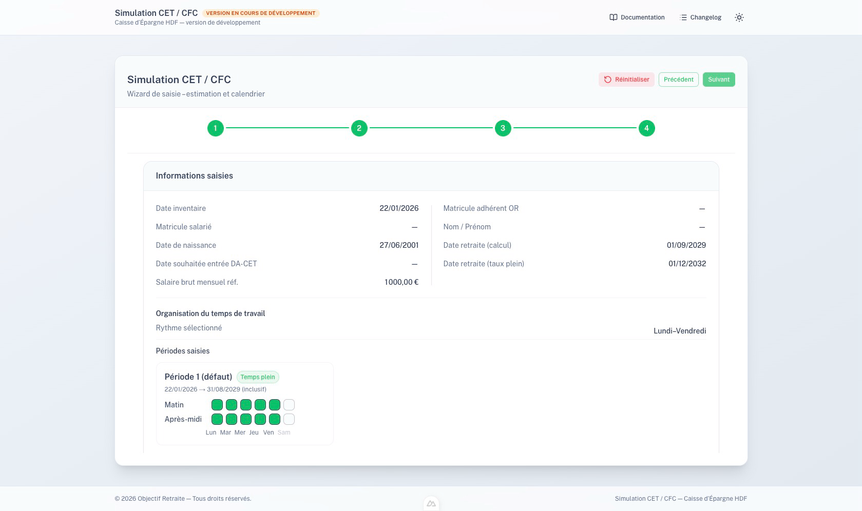 Affichage des données saisies, pour rappel